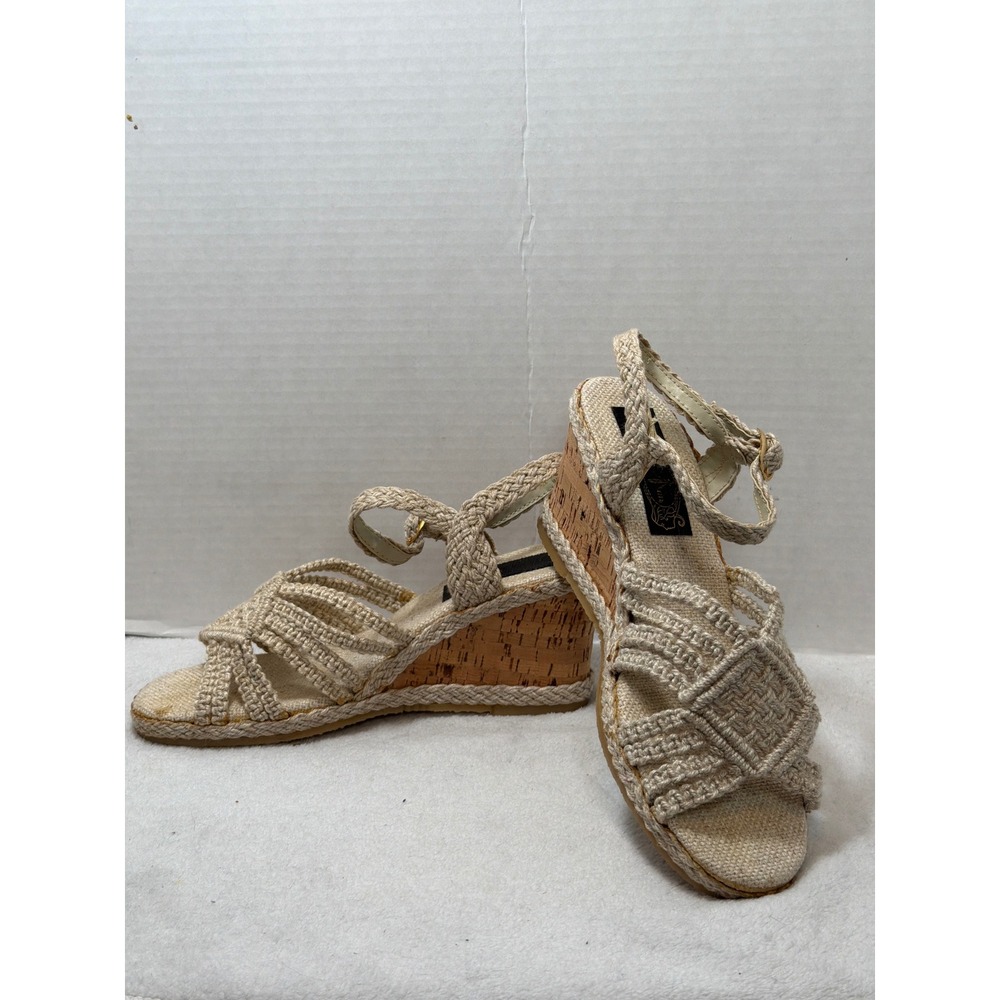 VTG NOS Macrame Wedge Sandals Women Beige‎ Cork Heel Boho Strappy Woven Size 8